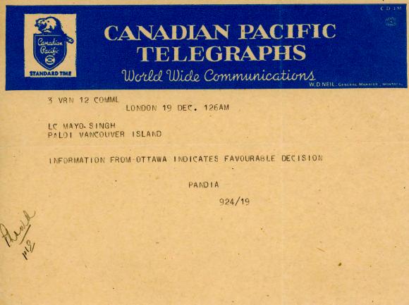 [Telegram from D. P. Pandia to Mayo Singh]