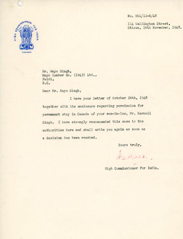 [Letter from H. S. Malik to Mayo Singh]
