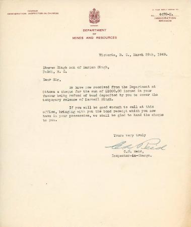 [Letter from C. D. Reid to Dharam Singh]