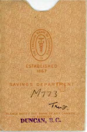 [Yellow outer protective sleeve for savings account booklet from The Canadian Bank of Commerce in Duncan, B.C.]