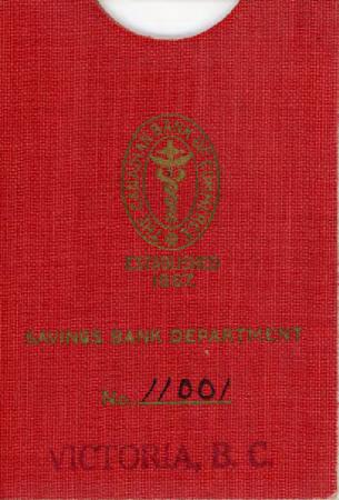 [Red outer protective sleeve for savings account booklet from The Canadian Bank of Commerce in Victoria, B.C.]