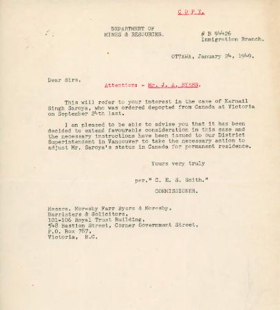 [Copy of letter from C. E. S. Smith, Commissioner, to J. A. Byers]