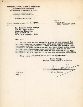 [Letter from J. A. Byers to Karnail Singh]