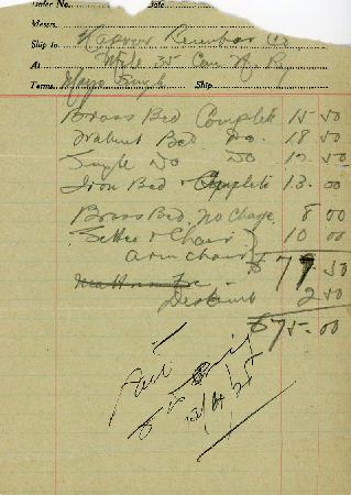 [Handwritten list of furniture to be shipped to Kapoor Lumber Co.]