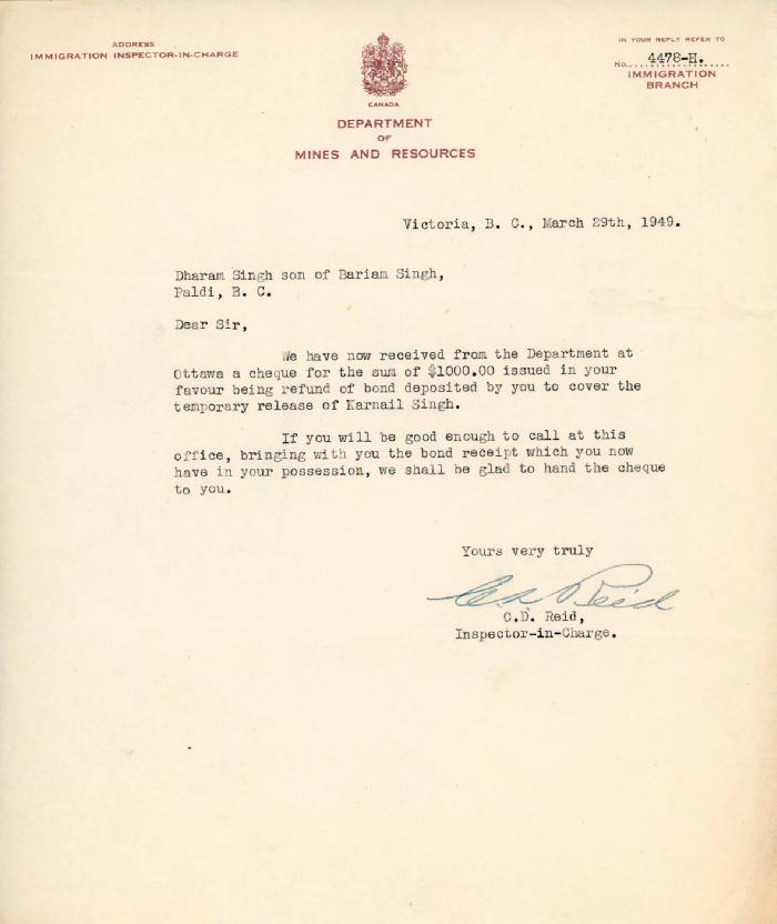 [Letter from C. D. Reid to Dharam Singh]