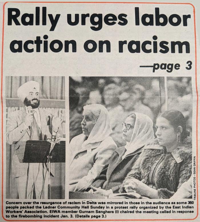 [Newspaper clipping from Pacific Tribune titled, Rally urges labour action on racism]
