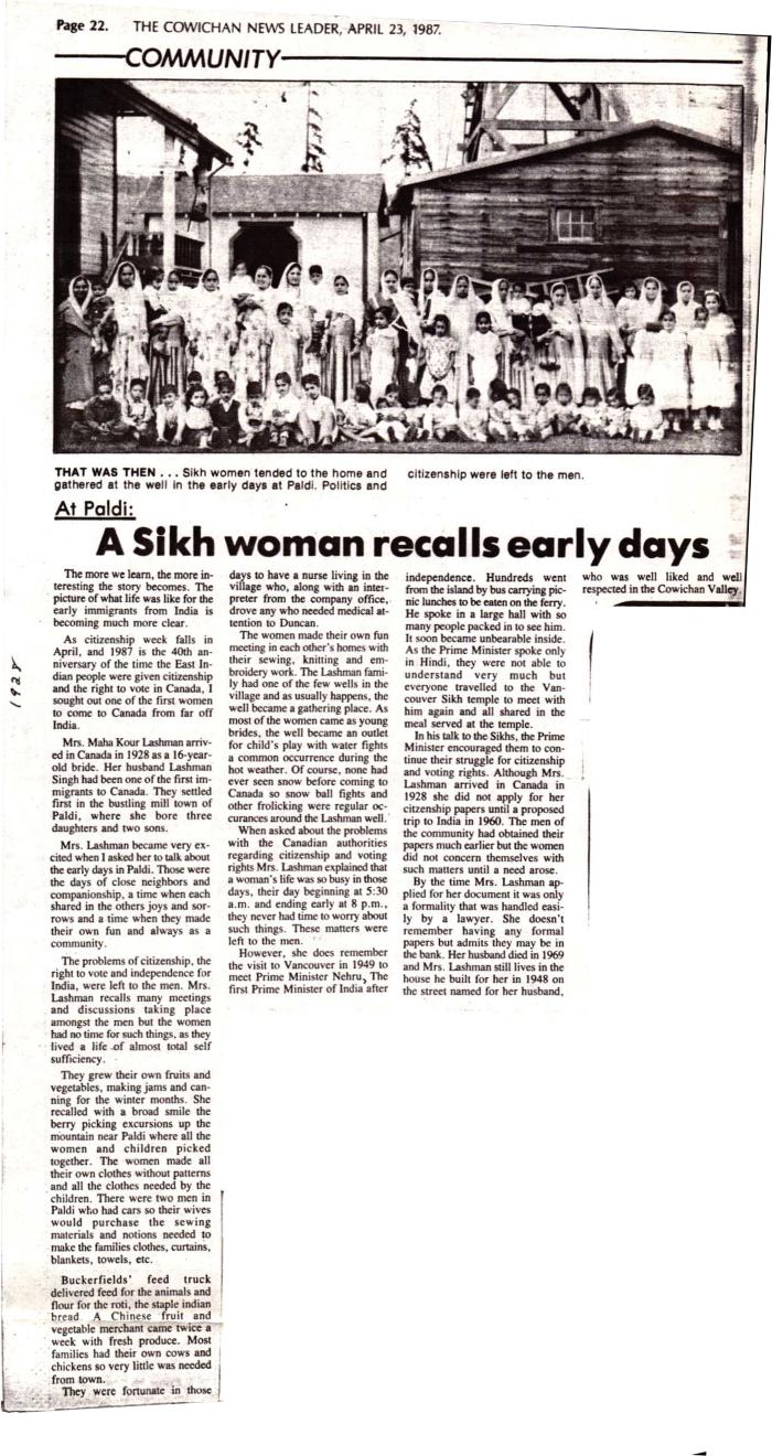 At Paldi : a sikh woman recalls early days