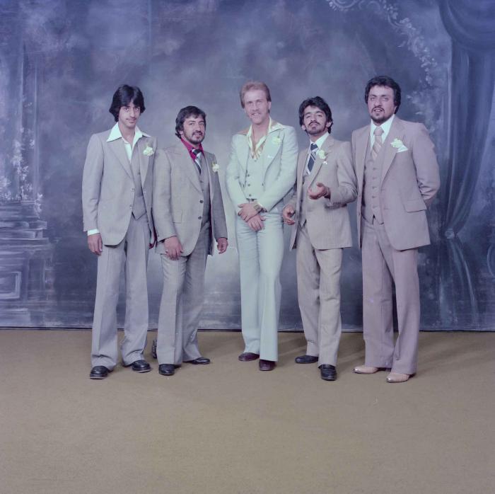 [Group portrait of David Gill and four unidentified men]