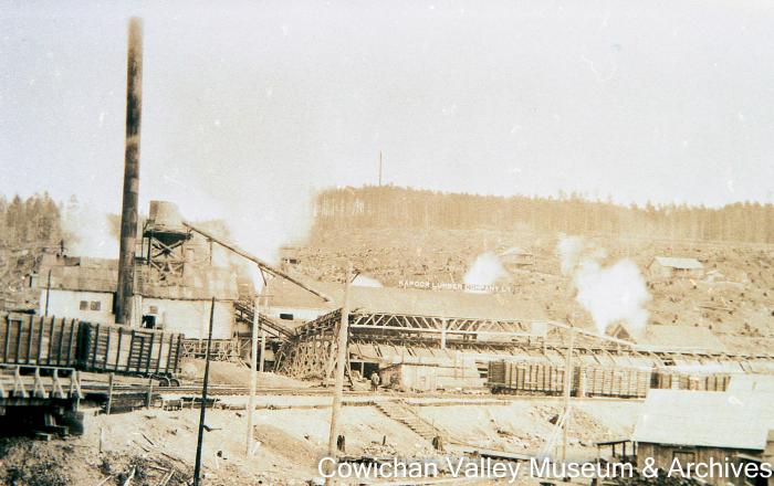[Lumber mill with smokestack and railroad cars nearby]
