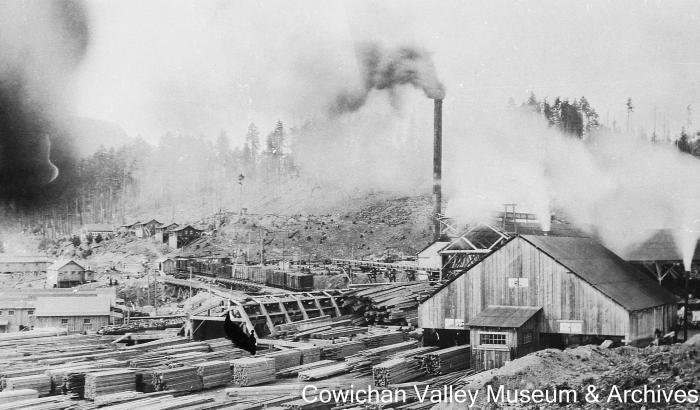 [Lumber mill with stacks of lumber piled nearby]