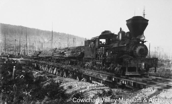 [Railroad locomotive carrying lumber across a bridge]