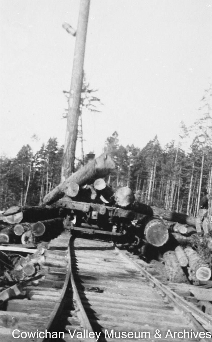 [Railroad flatcar with lumber surrounding it]