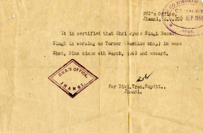 [Job certificate for Piara Singh as a turner at Loco Shed issed by Central Railway, Jhansi]