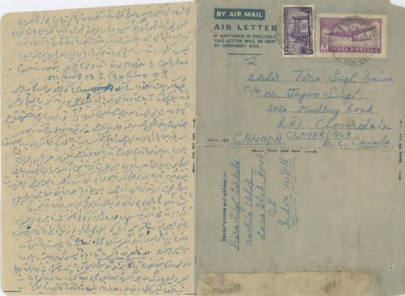 [Airmail from Piara Singh Sarhala to Sardar. Tara Singh Bains]