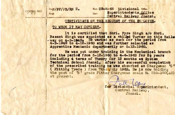[Job certificate for Piara Singh as a turner and apprentice mechanic issued by Central Railway, Jhansi]