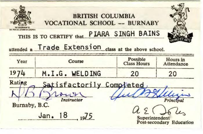 [Course completion certificate for Piara Singh]
