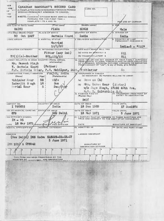 [Canadian immigrant's record card of Piara Singh]