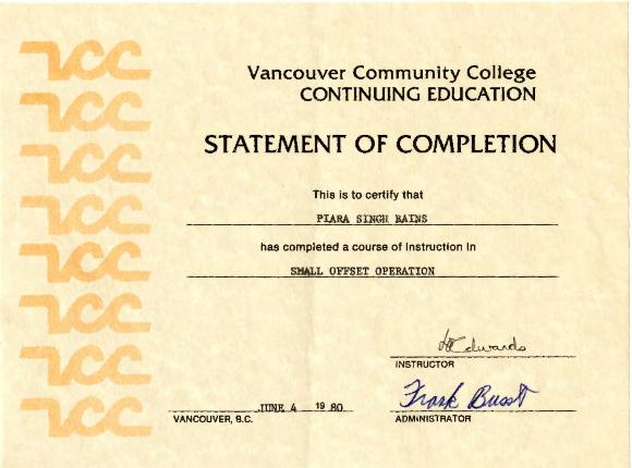 [Statement of completion for Piara Singh issued by Vancouver Community College]