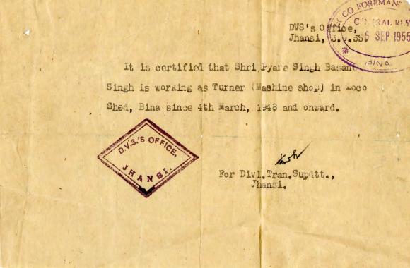 [Job certificate for Piara Singh as a turner at Loco Shed issed by Central Railway, Jhansi]