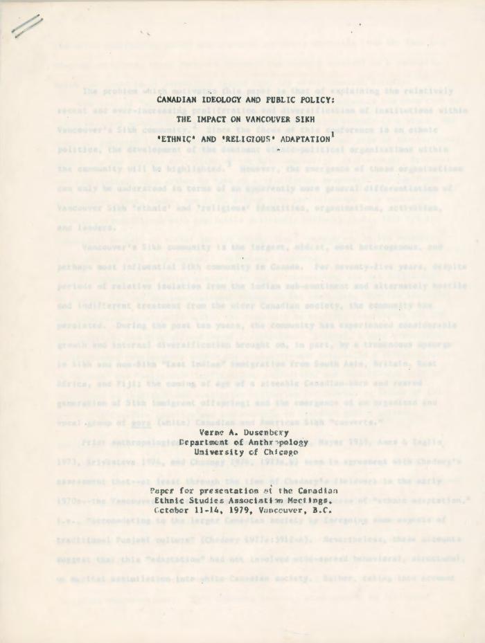 Canadian ideology and public policy: the impact on Vancouver Sikh ethnic and religious adaptation