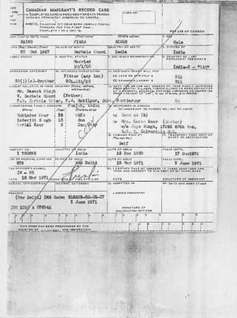 [Canadian immigrant's record card of Piara Singh]