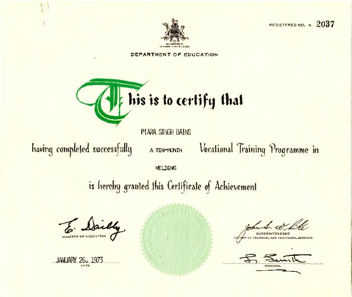 [Certificate of achievement for Piara Singh]