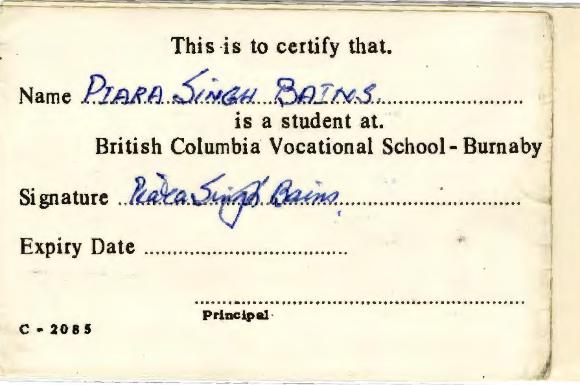 [Student Certificate for Piara Singh]