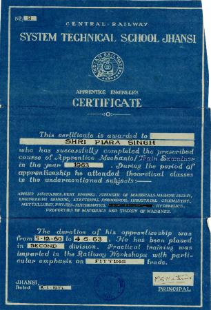 [Piara Singh's apprentice engineer's certificate issued by System Technical School Jhansi]