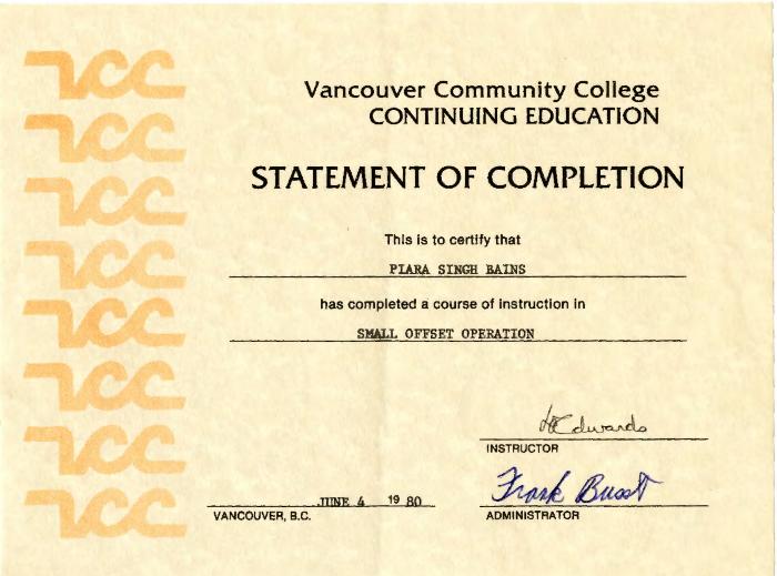 [Statement of completion for Piara Singh issued by Vancouver Community College]