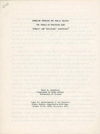 Canadian ideology and public policy: the impact on Vancouver Sikh ethnic and religious adaptation
