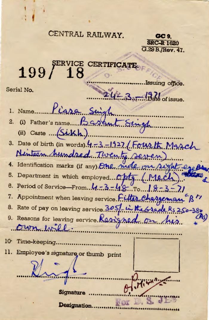 [Service certificate for Piara Singh issued by Central Railway, Jhansi]