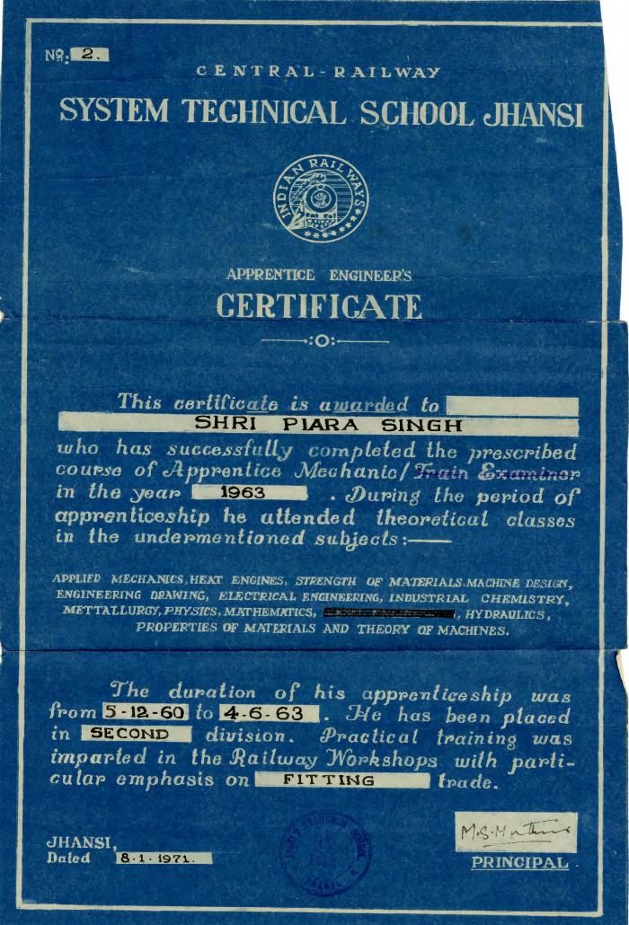 [Piara Singh's apprentice engineer's certificate issued by System Technical School Jhansi]